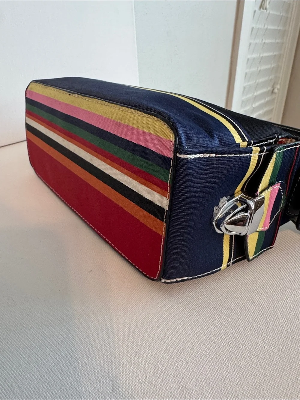 Vintage Kate Spade Striped Nylon Patent Leather Baguette Shoulder Bag Y2K